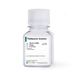 A clear plastic bottle labelled Plant Cell Thidiazuron (TDZ) contains 100 ml of 1 mg/ml solution for plant cell research; store at -20 to 5°C. Expiry: 17 July 2029.