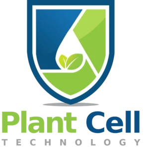 A shield logo with blue and green segments, a white water droplet holding two green leaves—signifying Plant Cell innovation—with "Plant Cell Technology" in green and blue below, inspired by Plant cell 6-(γ,γ-Dimethylallylamino) Purine (2iP) Powder.
