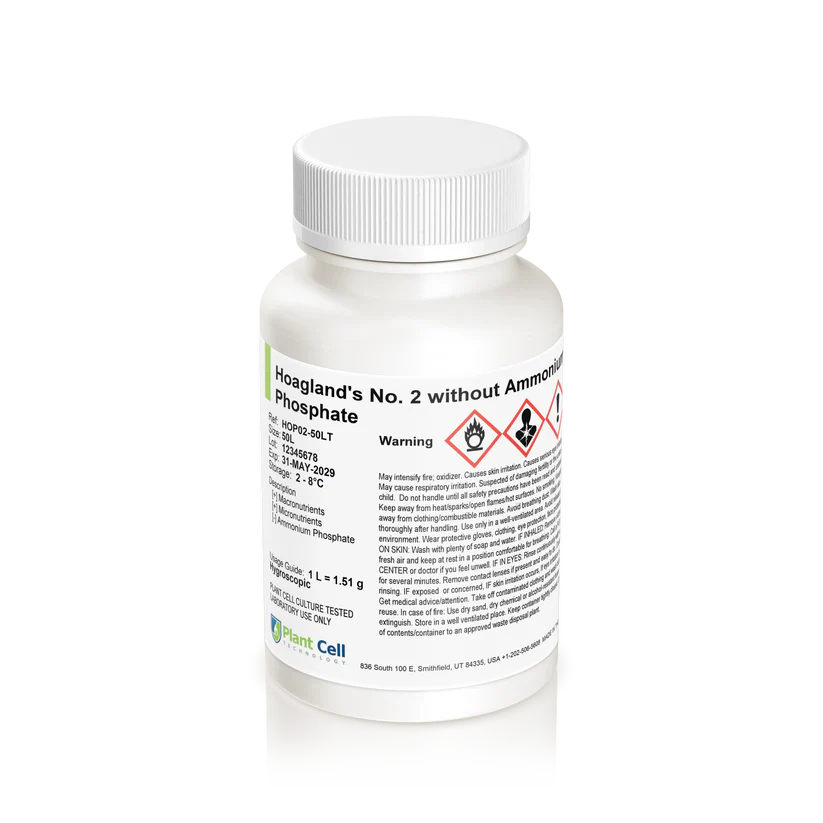 Plant Cell Hoagland's No. 2 Basal Salt Mixture 1 A white bottle labelled "Plant Cell Hoagland's No. 2 Basal Salt Mixture," with a white screw cap, hazard symbols, warning text, and manufacturer details; commonly used in plant cell culture.
