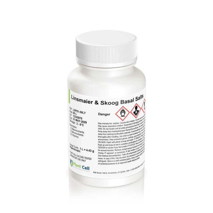 Plant Cell Linsmaier & Skoog (LS) Basal Salts 1 A white plastic bottle labelled "Plant Cell Linsmaier & Skoog (LS) Basal Salts," used for plant cell culture. The bottle has a white screw cap, hazard symbols, and safety information in black and red on the front label.