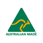 A green triangular logo with a stylised yellow kangaroo and the text AUSTRALIAN MADE in green below it.