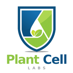 A blue and green shield-shaped logo with a stylised leaf and droplet, representing Plant Cell Murashige & Skoog (MS) with Gamborg’s Vitamins innovation, above the words Plant Cell LABS in green and blue text.