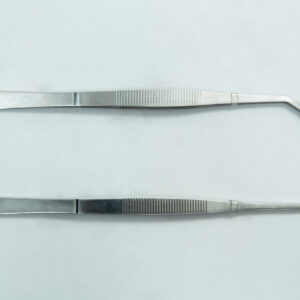 Two metal tweezers are placed parallel on a plain light background. The top tweezer has an angled tip, whilst the bottom tweezer has a straight tip. Both have grooved grips.