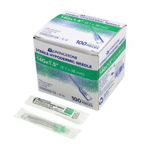 Home 11 A box labelled Sterile Hypodermic Needle 14Gx1.5 with two individually packaged hypodermic needles in front. The box displays product details and contains 100 pieces.