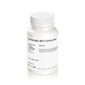 A white plastic bottle with a white screw cap, labelled “Plant cell Gesolgel-MTC-Gellan gum (High Acyl) 100g,” featuring warnings and product information about its high acyl gellan gum content, is shown against a plain white background.
