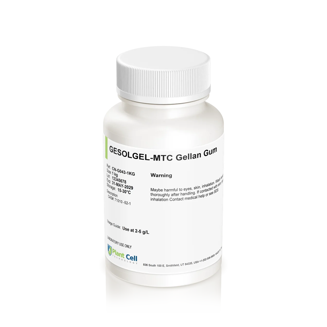 Plant cell Gesolgel-MTC-Gellan gum (High Acyl) 100g 1 A white plastic bottle with a white screw cap, labelled “Plant cell Gesolgel-MTC-Gellan gum (High Acyl) 100g,” featuring warnings and product information about its high acyl gellan gum content, is shown against a plain white background.