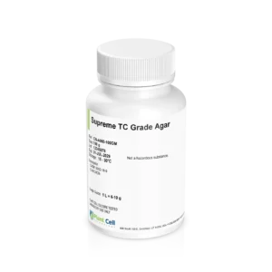 Home 10 A white plastic bottle labelled “Plant cell Gesolgel-MTC-Gellan gum (Low Acyl) 100g” with product and storage details printed on the front. The container features a sealed, ribbed white cap and is photographed against a plain white background.