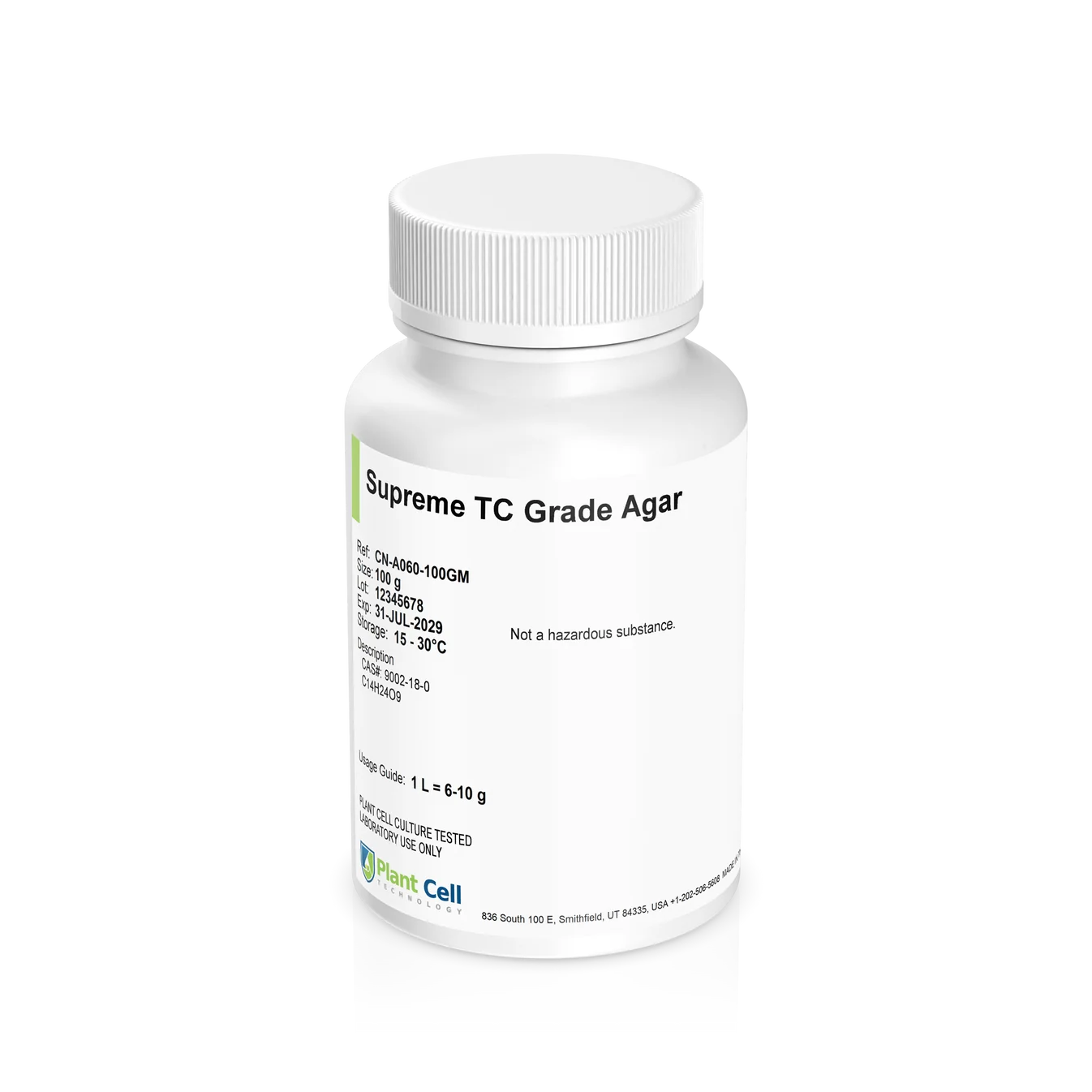 Plant cell Gesolgel-MTC-Gellan gum( Low Acyl) 100g 1 A white plastic bottle labelled “Plant cell Gesolgel-MTC-Gellan gum (Low Acyl) 100g” with product and storage details printed on the front. The container features a sealed, ribbed white cap and is photographed against a plain white background.