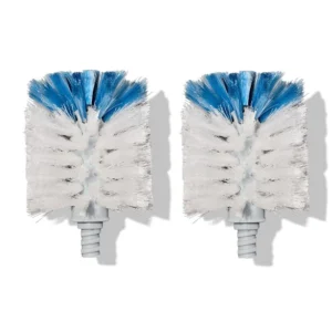 Two identical white and blue round brush heads with threaded plastic bases are positioned side by side against a white background, casting faint shadows to the right.