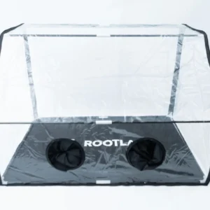 Home 10 A transparent rectangular enclosure with a black base displaying the word ROOTL and two circular mesh openings, designed for controlled environment applications.