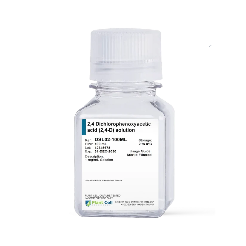 Plantcell 2 4-Dichlorophenoxyacetic Acid Solution | 100ml 1 A small clear plastic bottle labelled 2,4-Dichlorophenoxyacetic acid (2,4-D) solution, showing reference number DSLO2-100ML, with usage and storage instructions, and the Plant Cell Laboratory logo.