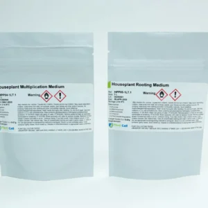 Home 11 Two sealed, white pouches stand upright. The left pouch is labelled Houseplant Multiplication Medium and the right is labelled Houseplant Rooting Medium. Both labels include warning symbols and text.