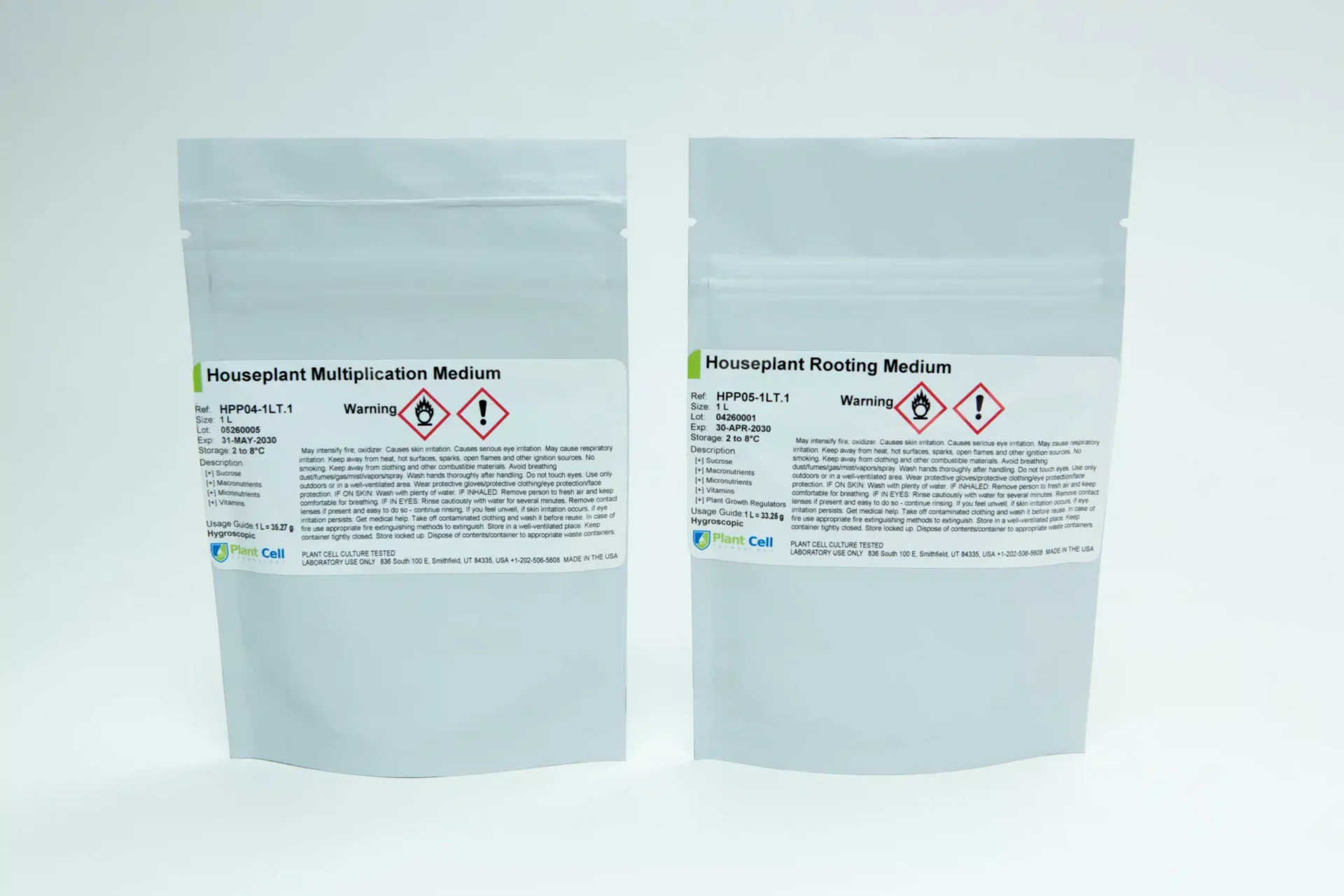 Plant Cell Multiplication and Rooting Medium 9 Two sealed, white pouches stand upright. The left pouch is labelled Houseplant Multiplication Medium and the right is labelled Houseplant Rooting Medium. Both labels include warning symbols and text.