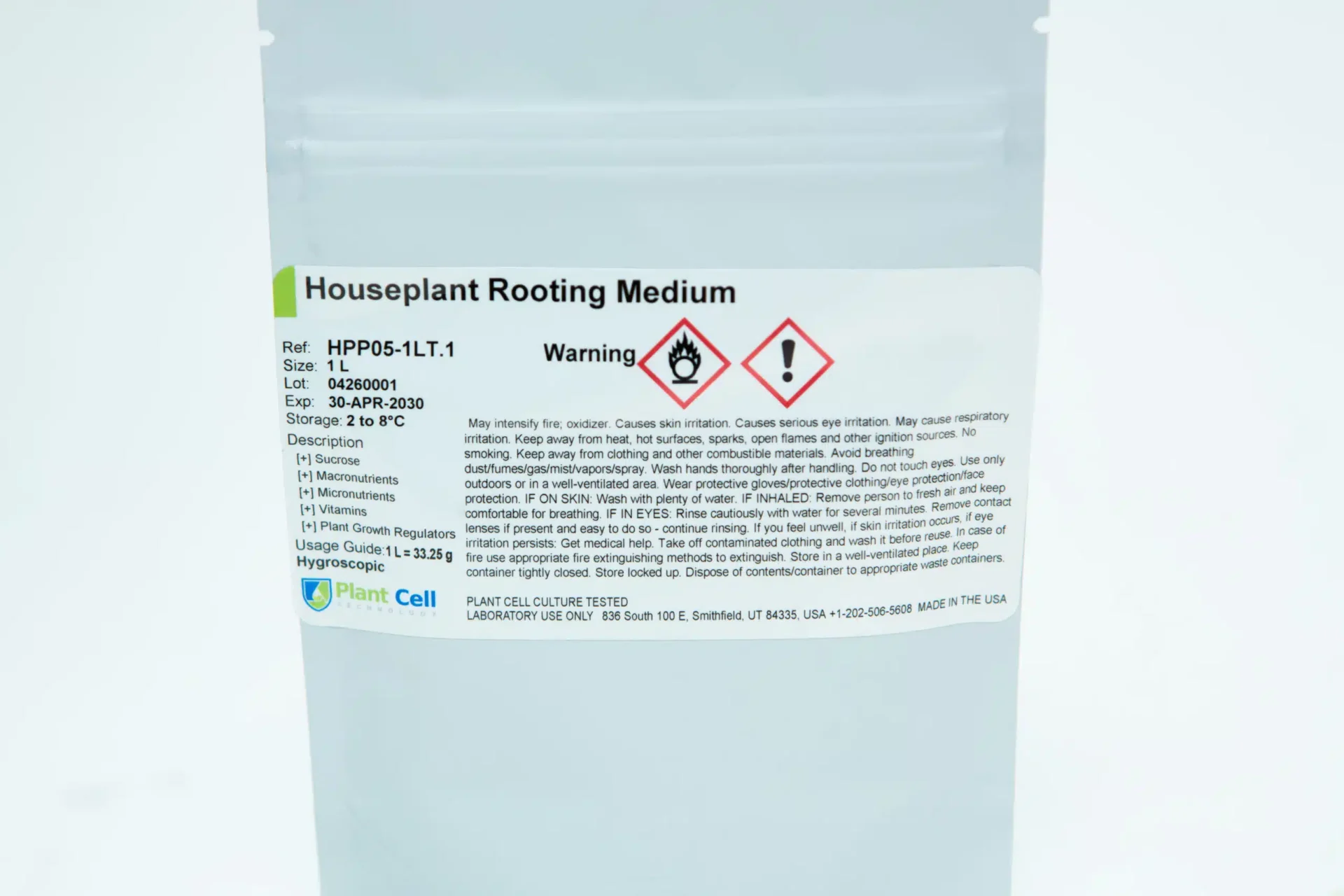 Plant Cell Multiplication and Rooting Medium 11 A white re-sealable bag labelled Houseplant Rooting Medium features warning symbols, usage directions, and safety information. The label includes the brand logo, instructions, and hazard notices in black and red text.