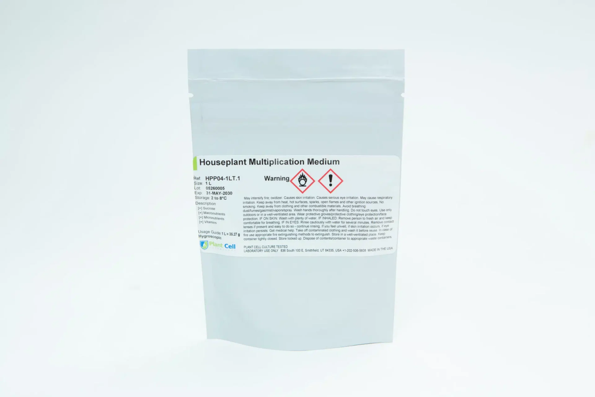Plant Cell Multiplication and Rooting Medium 12 A white resealable bag stands upright, labelled Houseplant Multiplication Medium with hazard symbols and detailed text. The packaging appears unopened and is photographed against a plain white background.
