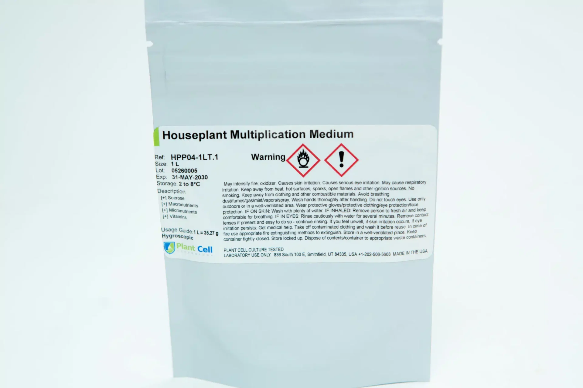 Plant Cell Multiplication and Rooting Medium 13 A sealed silver pouch labelled Houseplant Multiplication Medium with hazard symbols, warning text, and product information printed on the front. The package is standing upright against a white background.