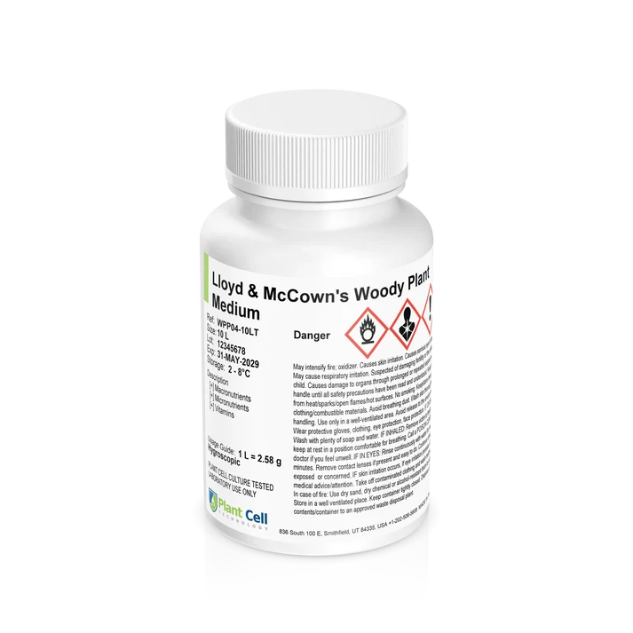 Plant Cell Lloyd & McCown’s Woody Plant Basal Medium (WPM) – Modification 4 7 A white plastic bottle labelled Lloyd & McCowns Woody Plant Medium displays hazard symbols and extensive safety information on the front, with a white cap and a Plant Cell logo at the bottom.