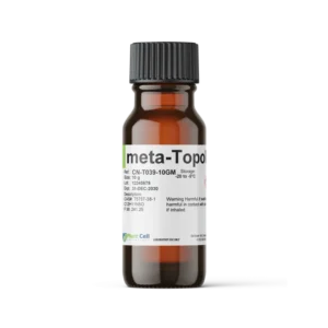 A brown glass bottle with a black screw cap, labelled meta-Topol. The label includes reference and batch numbers, safety warnings, and manufacturer information. The product is from Plant Cell.