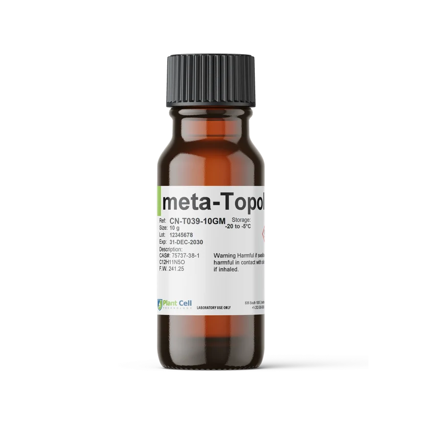 Plantcell meta-Topolin | 100mg 1 A brown glass bottle with a black screw cap, labelled meta-Topol. The label includes reference and batch numbers, safety warnings, and manufacturer information. The product is from Plant Cell.