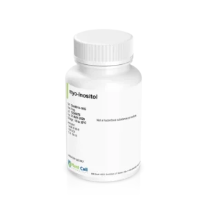 A white plastic bottle labelled myo-Inositol with product details and warnings printed on the label, placed against a plain white background.