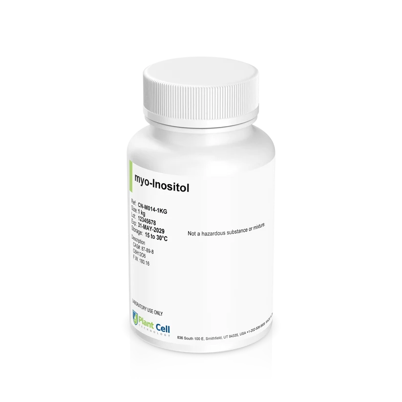 Plantcell Myo-Inositol | 100gms 1 A white plastic bottle labelled myo-Inositol with product details and warnings printed on the label, placed against a plain white background.