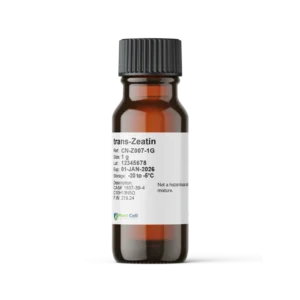 A brown glass bottle with a white label displaying chemical information for trans-Zeatin, including batch number, expiry date, storage conditions, and hazard details. The bottle is capped with a black screw top.