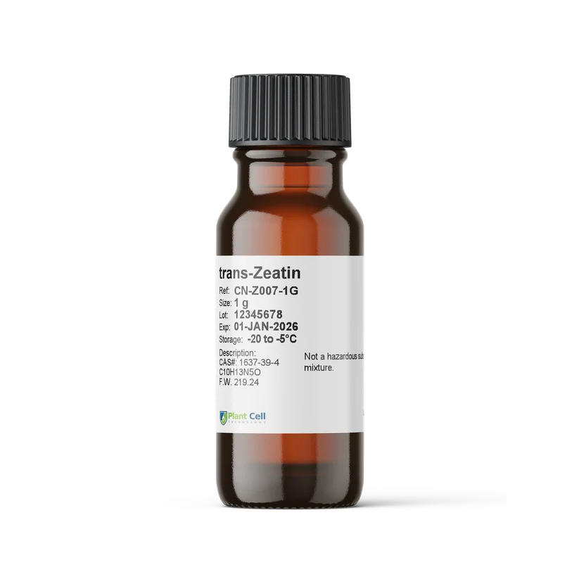 Plantcell Trans Zeatin | 50mg 1 A brown glass bottle with a white label displaying chemical information for trans-Zeatin, including batch number, expiry date, storage conditions, and hazard details. The bottle is capped with a black screw top.
