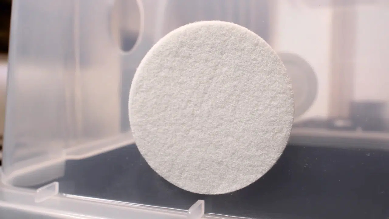 Mushroom Monotub Fruiting Chamber : Hard case 2 A round white filter is attached to the side of a transparent plastic container, with the filter positioned in the centre of the image.