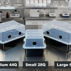 Three black plastic bins with clear lids labelled Medium 44L, Small 28L, and Large 66L are displayed on a stainless steel table in a laboratory setting. Each lid has vent holes. Laboratory equipment is in the background.