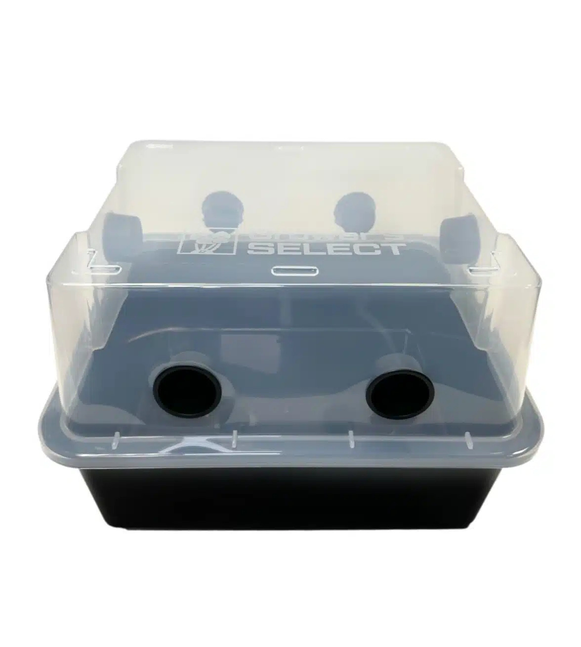 Mushroom Monotub Fruiting Chamber : Hard case 4 A black seed starting tray with a transparent plastic humidity dome featuring two adjustable vents on top and two side openings, placed on a white background.